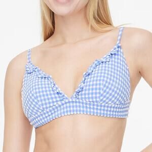 NWT J.Crew Factory Blue & White Gingham Seersucker French Bikini Ruffle Top Sml